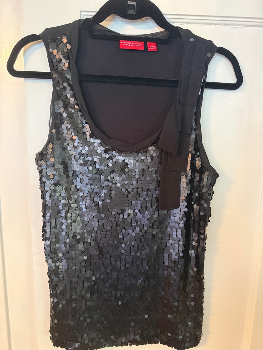 New York & Company Black Sequin Bow-Shoulder Tank